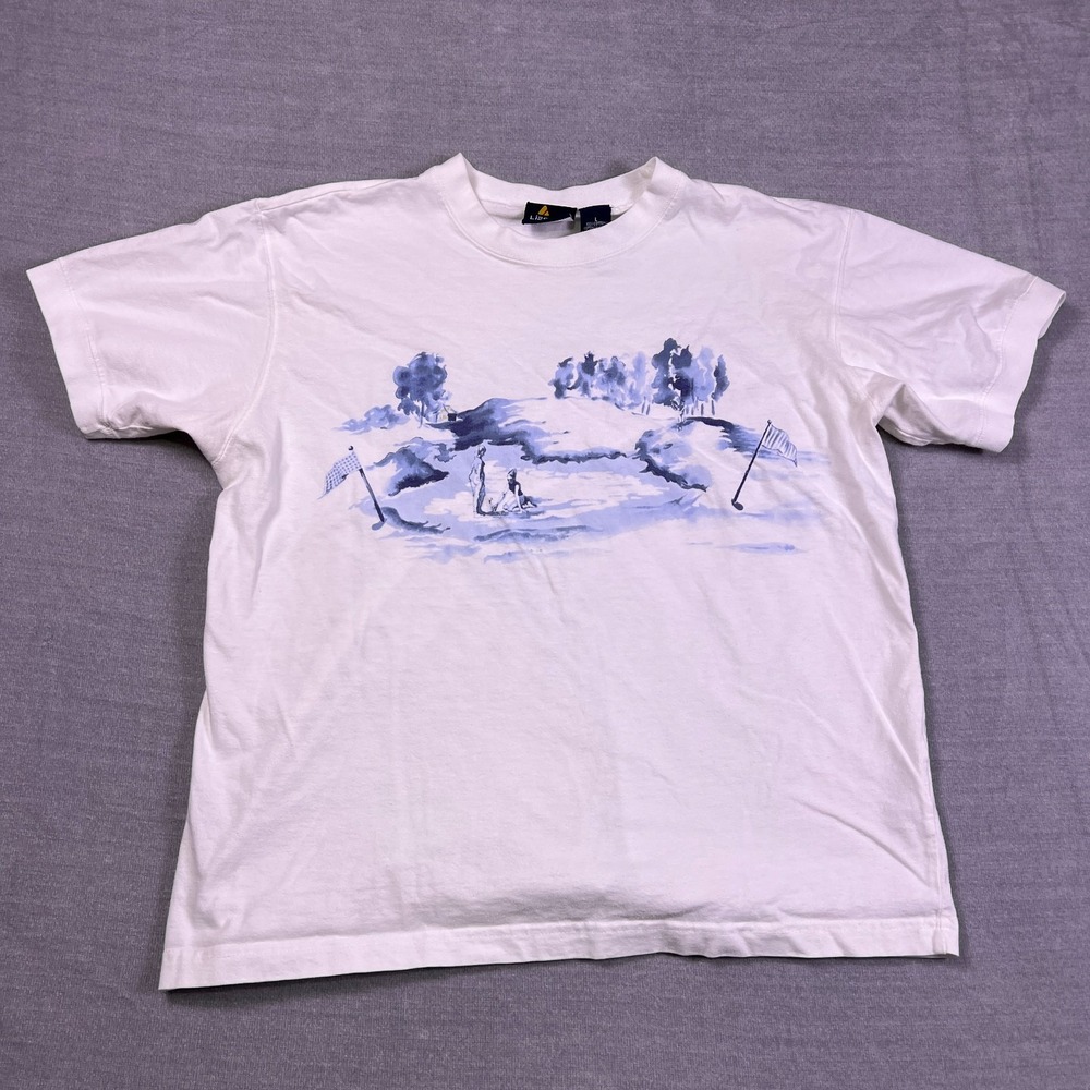 Lizsport Graphic Golf Scene Crew Neck T-Shirt Mens Size L White Cotton